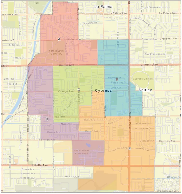 Map of Cypress School District Trustee Areas courtesy of Cypress School District website