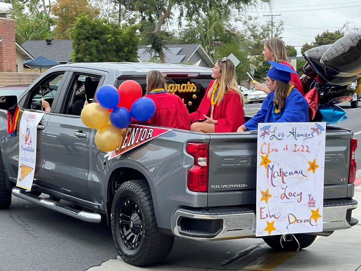 A truck carrying seniors from the class of 2022 travels through the streets of Rossmoor during that year's senior parade. Pho