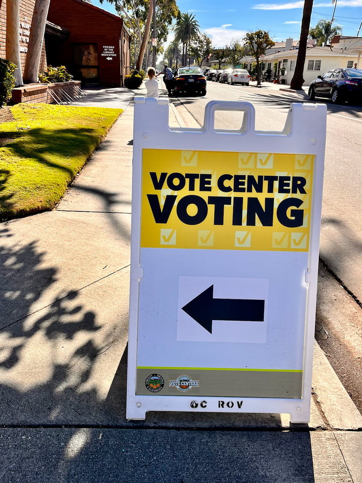 Sign directs people to a Vote Center in Seal Beach. Votes from the Nov. 8, 2022 General Election are still being counted.Phot