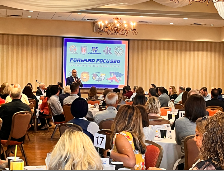 Los Alamitos USD Supt. Andrew Pulver, Ed.D., addresses the crowd at the annual State of the District held Sept. 23 in Cypress