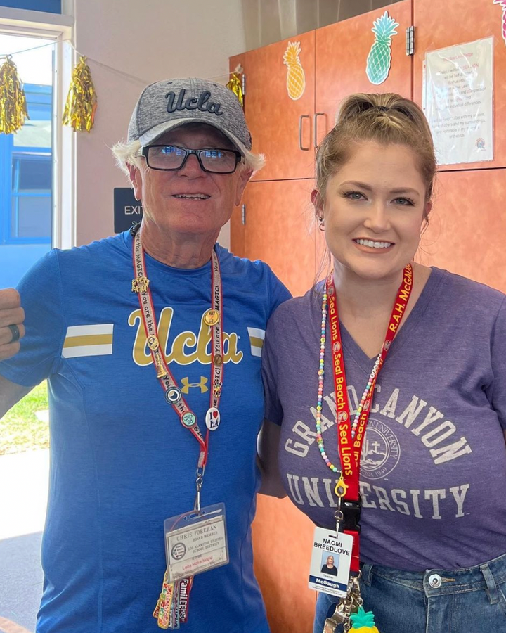 Los Alamitos Unified School District Board of Education Vice President Chris Forehan poses with 5th grade teacher Naomi Breed