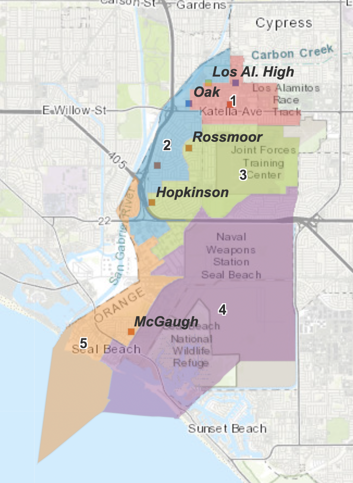 Map of Trustee Areas for the Los Alamitos Unified School District Board of Education courtesy of the Los Alamitos USD website