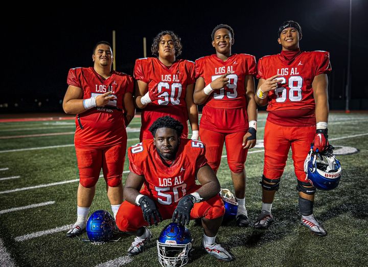 The Griffins’ offensive line was key in Sept. 15 victory over Santa Margarita. Pictured standing from left to right: center #