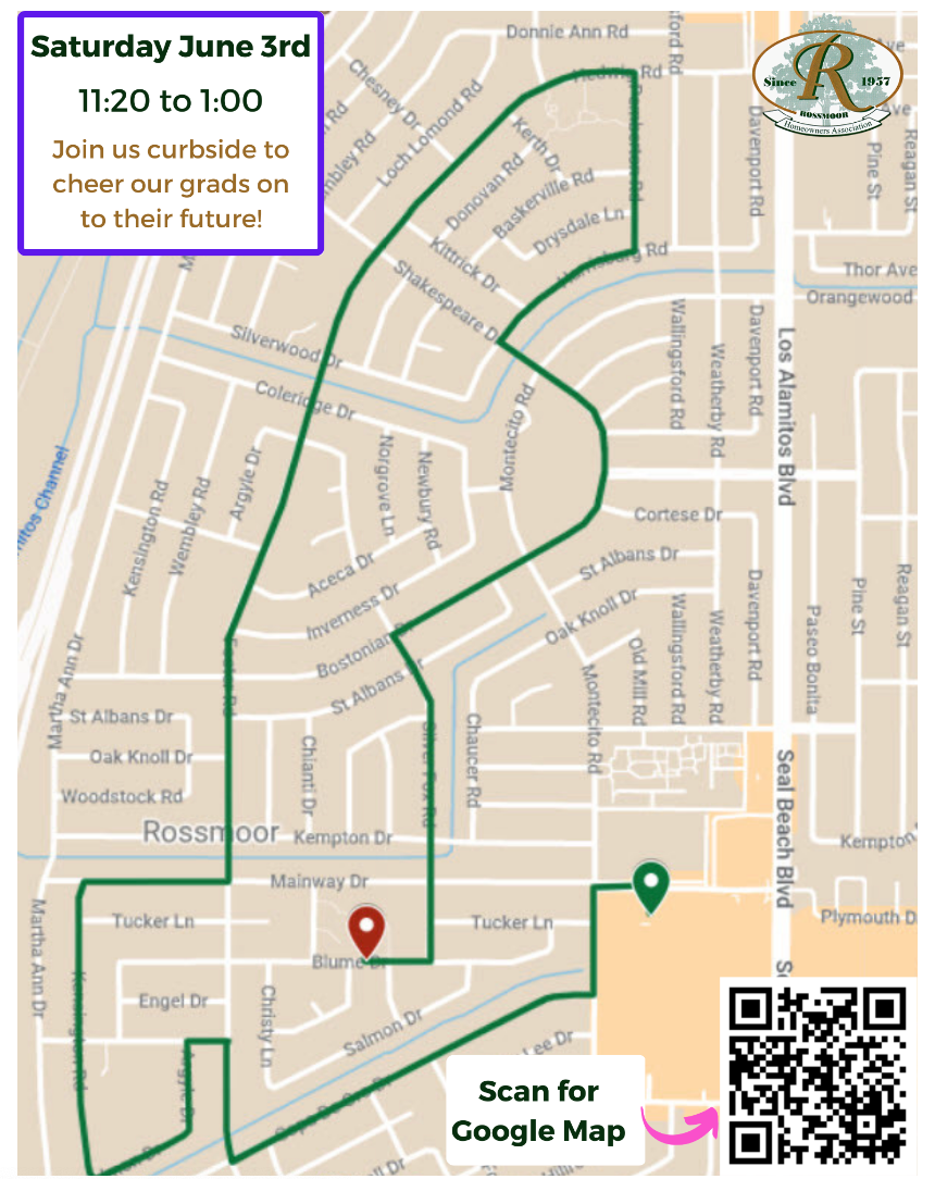 A map for the 2023 graduating senior parade in Rossmoor shows the route for this year's event scheduled for June 3. Courtesy OurRossmoor.com