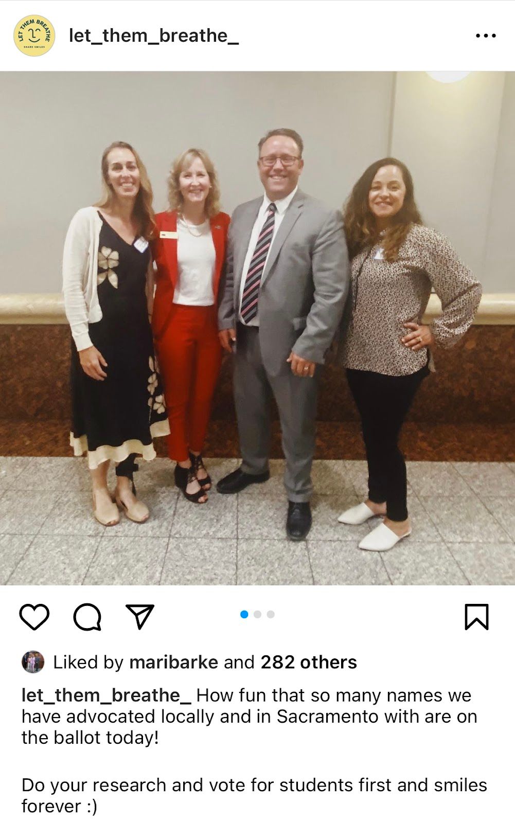 Candidate and Let Them Breathe founder Sharon McKeeman pictured with OC Board of Education Trustee and California Policy Center staffer Mari Barke and California Policy Center education expert and candidate for State Supt. of Public Instruction Lance Christensen. Image from the Let Them Breathe public Instagram account.