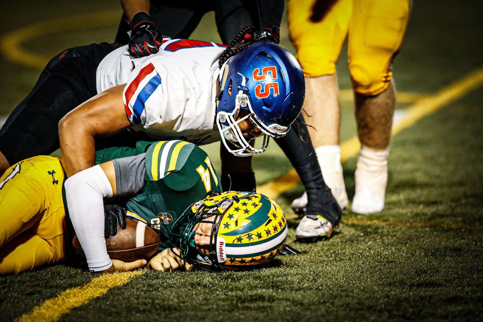 Los Alamitos High School's defensive lineman Kaleb McCutcheon had an interception and sack in the Griffins' 52-27 victory over the undefeated Edison Chargers. Photo by Marja Bene.