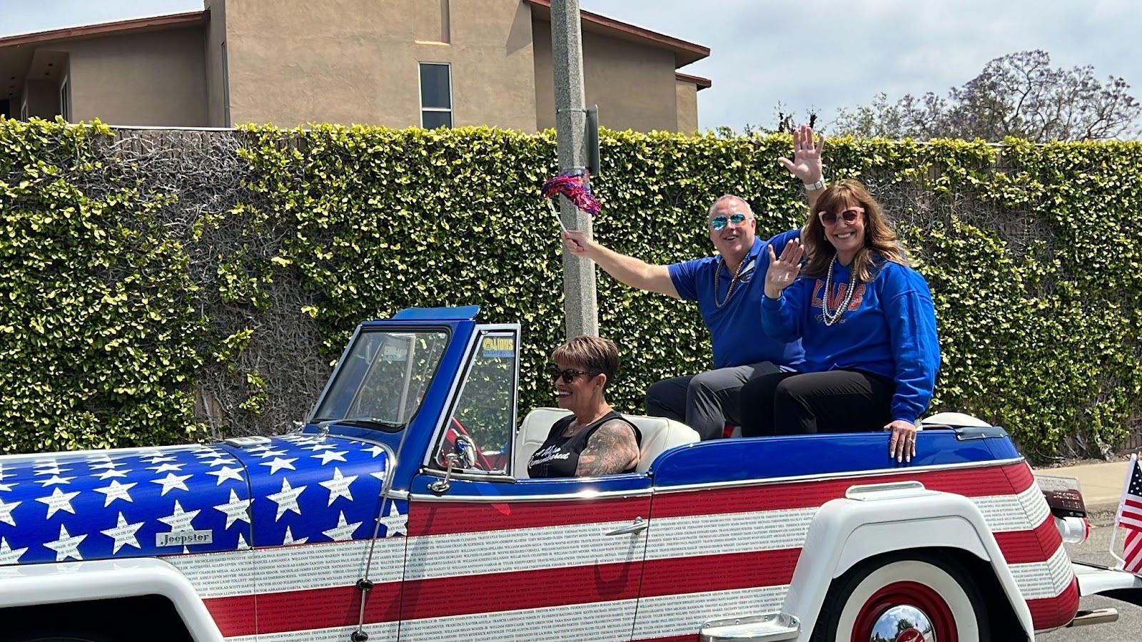 Los Alamitos Unified School District Superintendent Andrew Pulver, Ed.D. rides along with Los Alamitos High School Principal Christiana Kraus during the fourth annual Graduation Celebration Parade in Rossmoor on June 3, 2023. Photo by Nichole Pichardo, Los Alamitos USD.