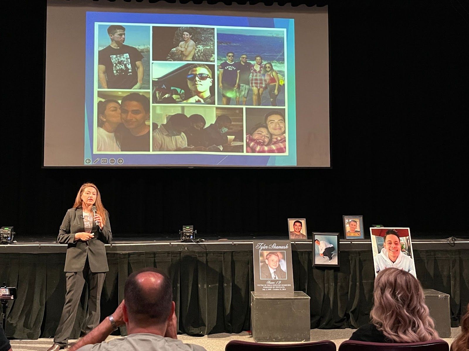 Perla Mendoza, founder of Project Eli, speaks to a crowd at Los Alamitos High School on April 24 about her 20-year-old son's death from taking one pill he thought was a prescription drug. The pill actually contained a lethal dose of the synthetic opioid fentanyl. Photo by David N. Young.