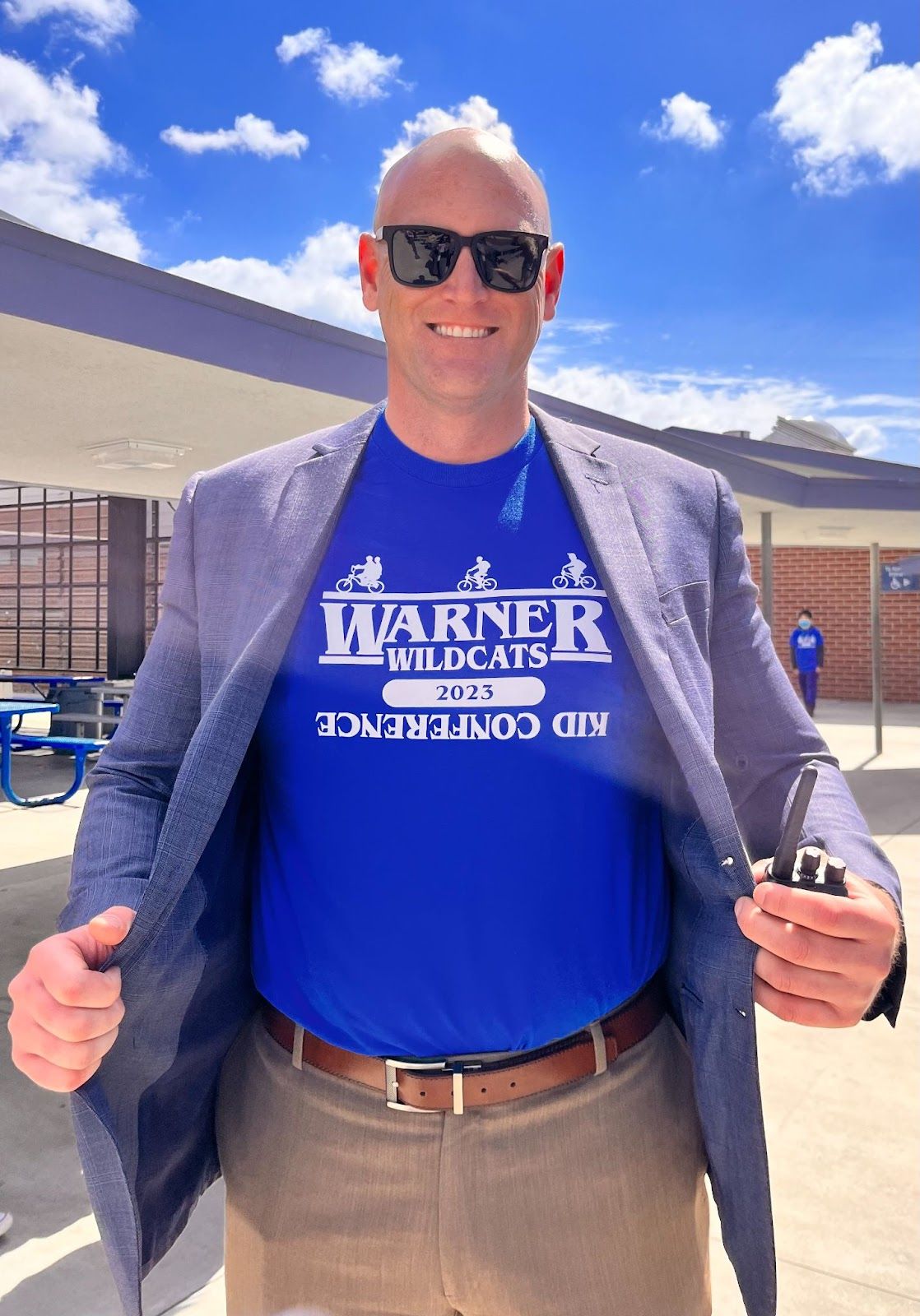 Warner Middle School's Principal Kenneth Lopour, Ed.D., wears the T-shirt for this year's Kid Conference at the Westminster school. Dr. Lopour said the event leaves an uplifting feeling on campus for weeks afterwards. Photo by Jeannette Andruss.
