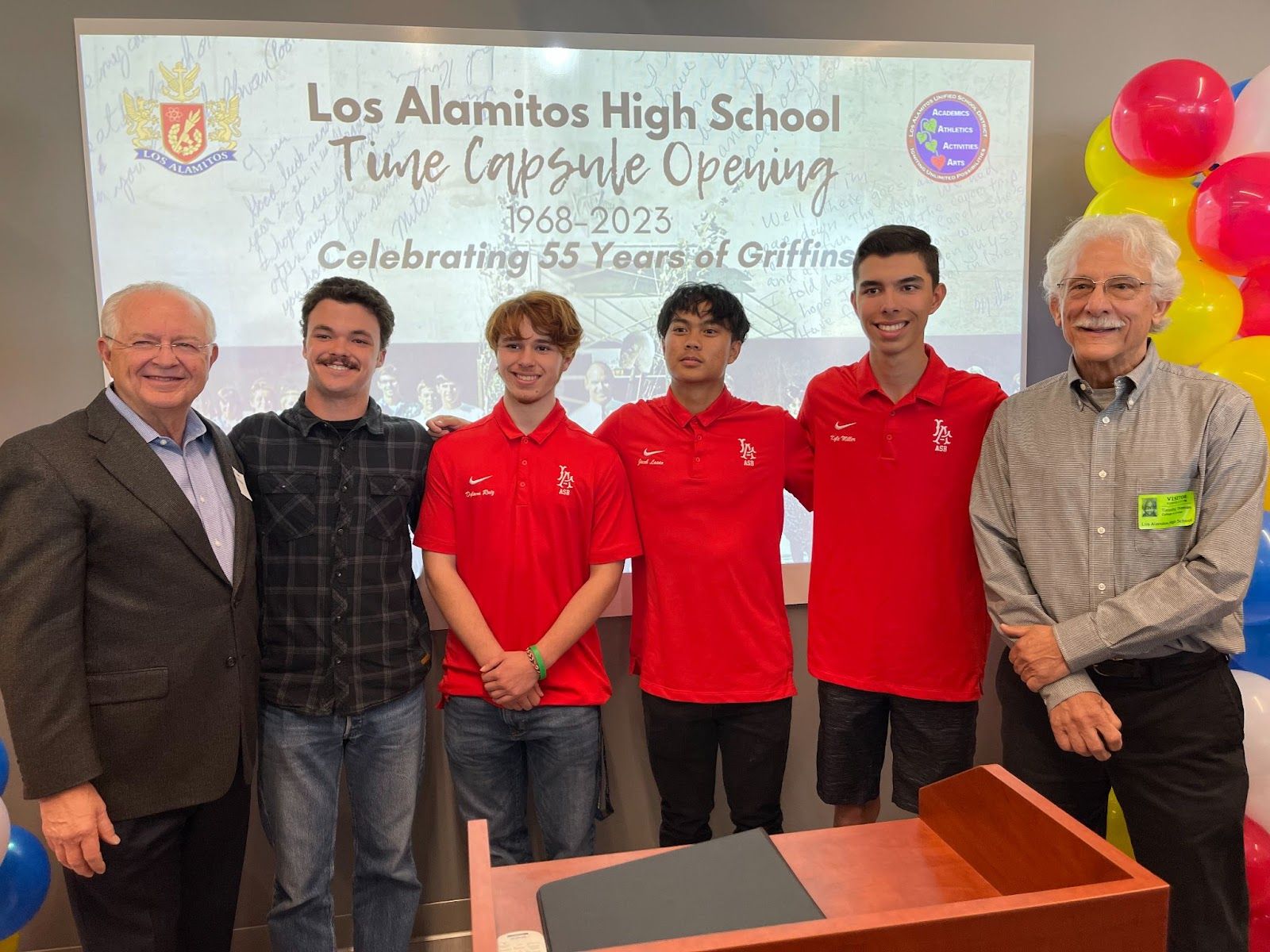 Griffins of the past met Griffins of today during the time capsule unveiling. Pictured from left to right: Richard Herzberg, LAHS ASB President from 1968-1970, current Griffins Michael Henderson, Dylann Ruiz, Jacob Lasso, and Kyle Miller and Tim Thomas, LAHS ASB Senior Class President from 1970. Photo by David N. Young.