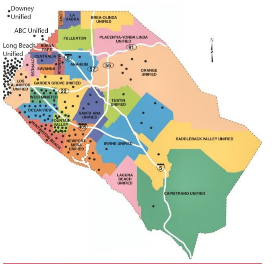 A map from Sycamore Creek Community Charter School's petition to expand across Orange County shows where its students reside. Each black dot represents a Sycamore student. Courtesy SCCCS.